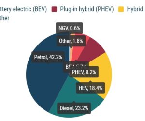 Typy paliv nových vozidel: elektrický pohon 5,7 %, hybrid 18,4 %, benzín 42,2 % za 1. čtvrtletí 2021