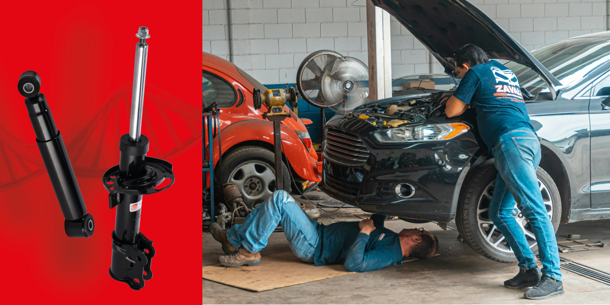 Mechanik provádí kontrolu tlumičů a podvozku vozidla v autoservisu